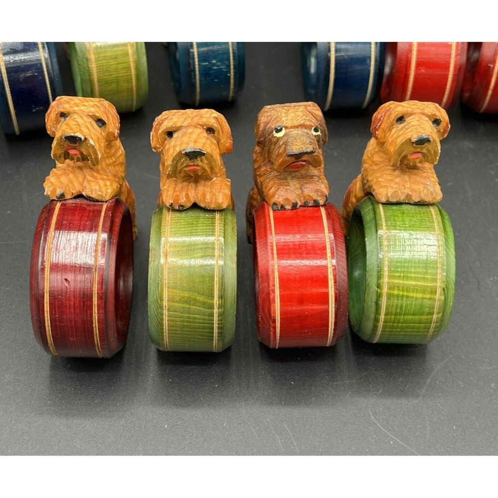 Terrier or Shih Tzu Puppy Dog Napkin Rings Wooden Red & Green Rings Set Of 4
